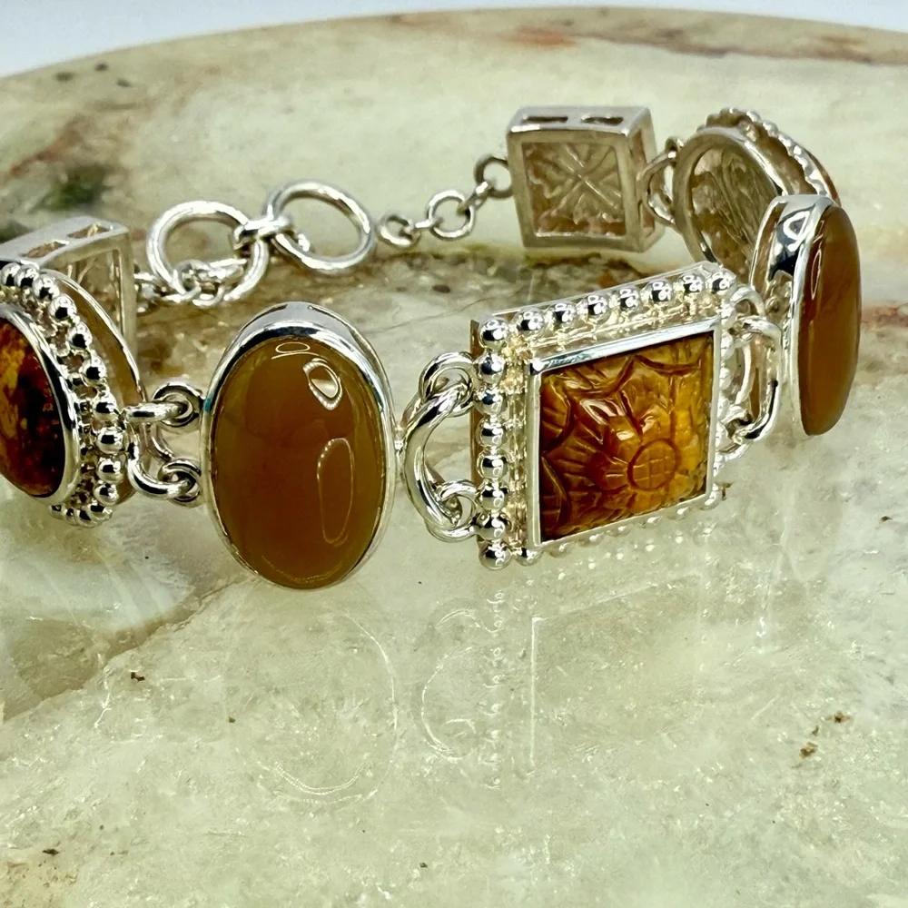 Whitney Kelly Sterling Silver Tiger’s Eye Jasper MOP Link Toggle Bracelet 7” - Picture 11 of 17